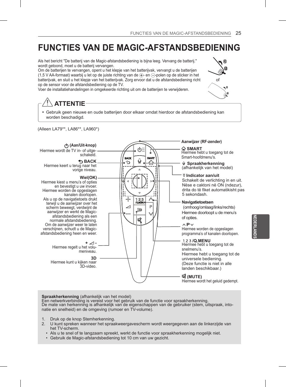 Functies van de magic-afstandsbediening, Attentie | LG 55LA965V User Manual | Page 254 / 327