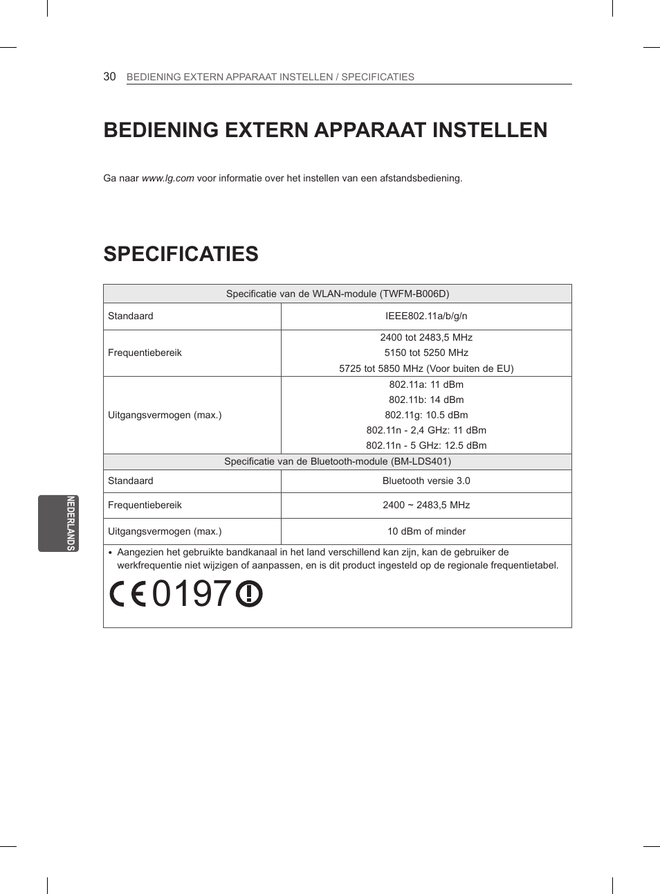 Specificaties, Bediening extern apparaat instellen | LG 55LA965V User Manual | Page 259 / 327