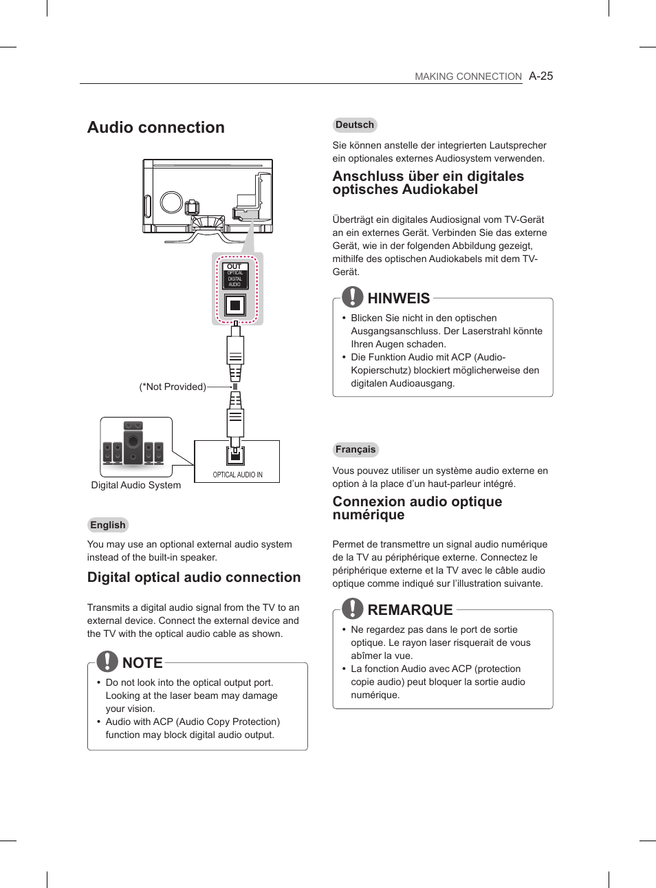 Audio connection, Hinweis, Remarque | Digital optical audio connection, Anschluss über ein digitales optisches audiokabel, Connexion audio optique numérique | LG 55LA965V User Manual | Page 28 / 327