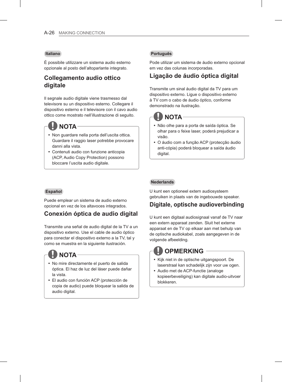 Nota, Opmerking, Collegamento audio ottico digitale | Conexión óptica de audio digital, Ligação de áudio óptica digital, Digitale, optische audioverbinding | LG 55LA965V User Manual | Page 29 / 327
