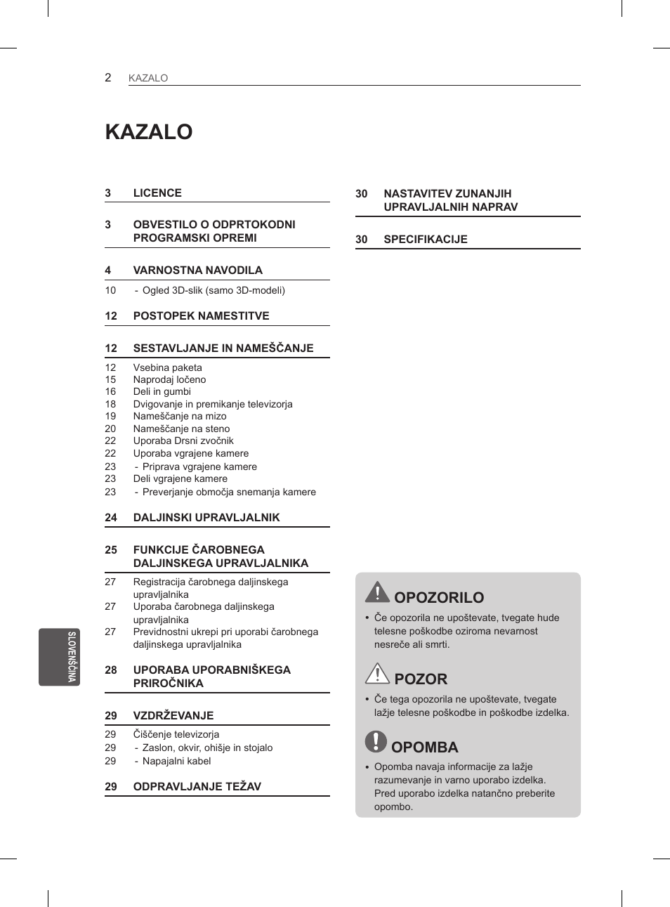 Kazalo, Opozorilo, Pozor | Opomba | LG 55LA965V User Manual | Page 291 / 327