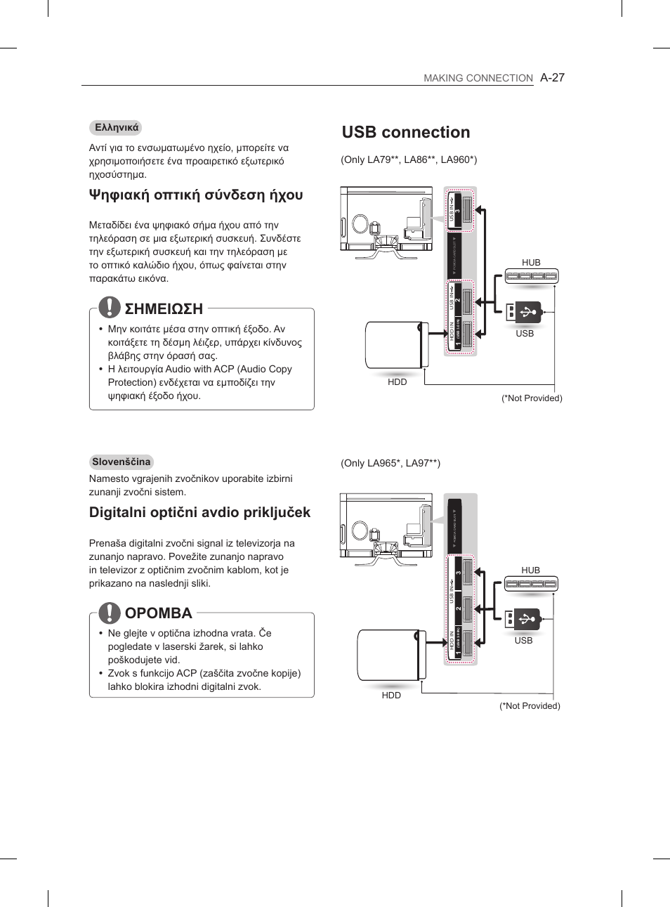 Usb connection, Σημειωση, Opomba | Ψηφιακή οπτική σύνδεση ήχου, Digitalni optični avdio priključek, A-27 | LG 55LA965V User Manual | Page 30 / 327