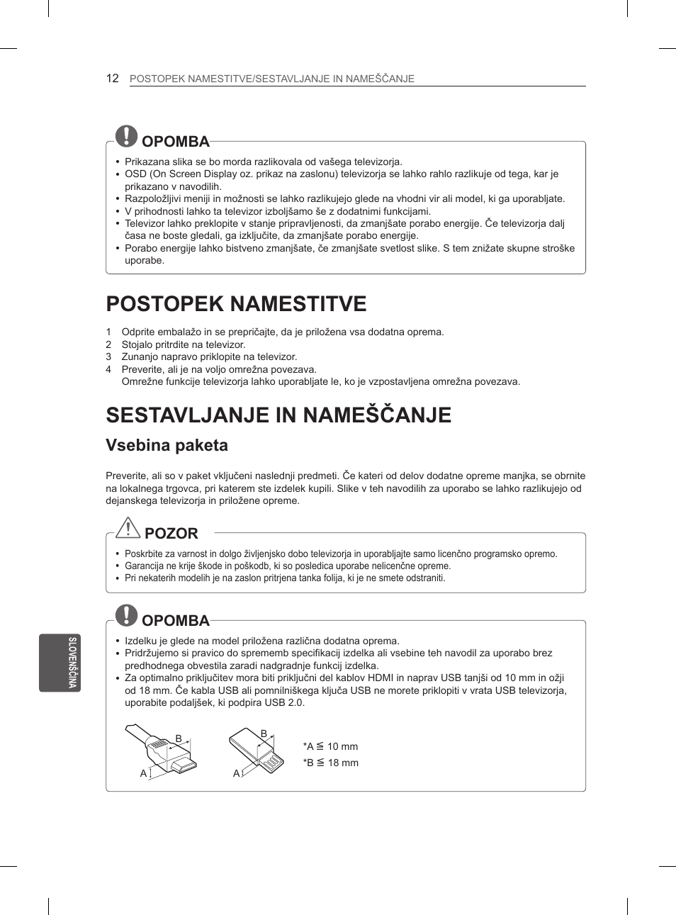 Postopek namestitve, Sestavljanje in nameščanje, Vsebina paketa | Opomba, Pozor | LG 55LA965V User Manual | Page 301 / 327