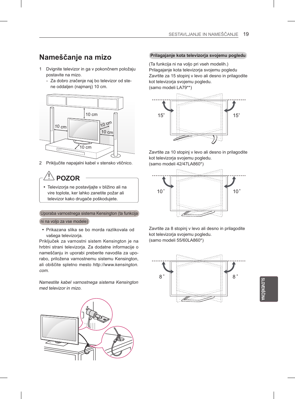 Nameščanje na mizo, Pozor | LG 55LA965V User Manual | Page 308 / 327