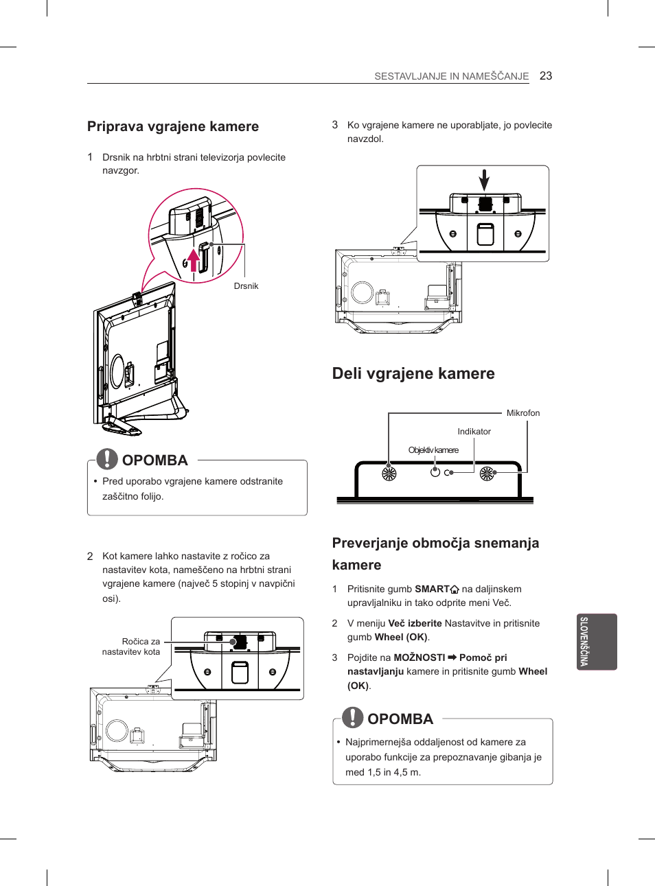 Deli vgrajene kamere, Opomba, Priprava vgrajene kamere | Preverjanje območja snemanja kamere | LG 55LA965V User Manual | Page 312 / 327