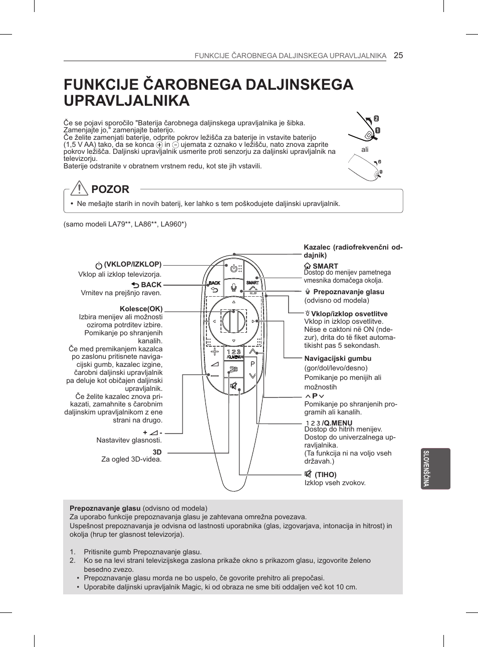 Funkcije čarobnega daljinskega upravljalnika, Pozor | LG 55LA965V User Manual | Page 314 / 327