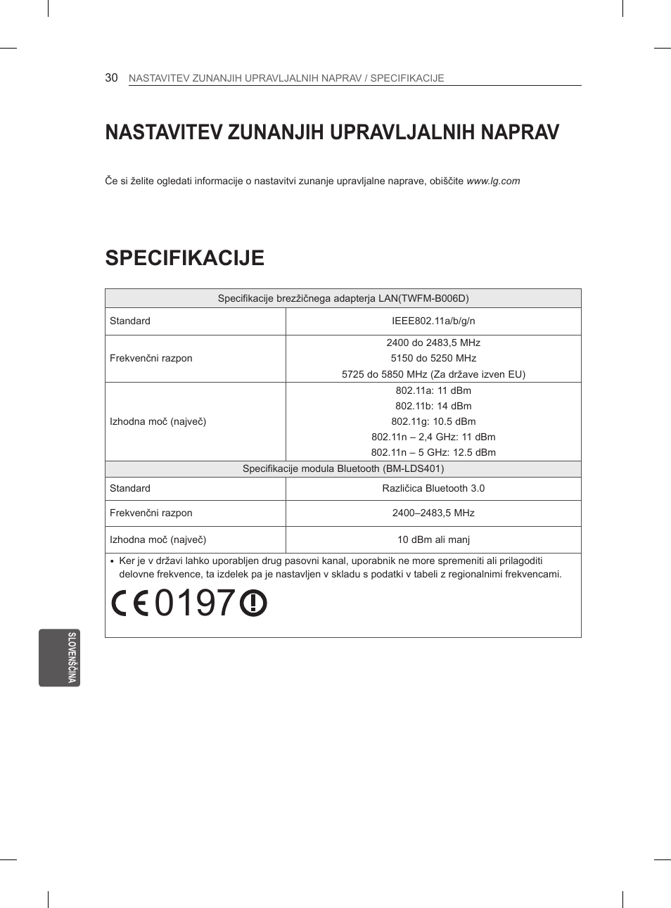 Specifikacije, Nastavitev zunanjih upravljalnih naprav | LG 55LA965V User Manual | Page 319 / 327