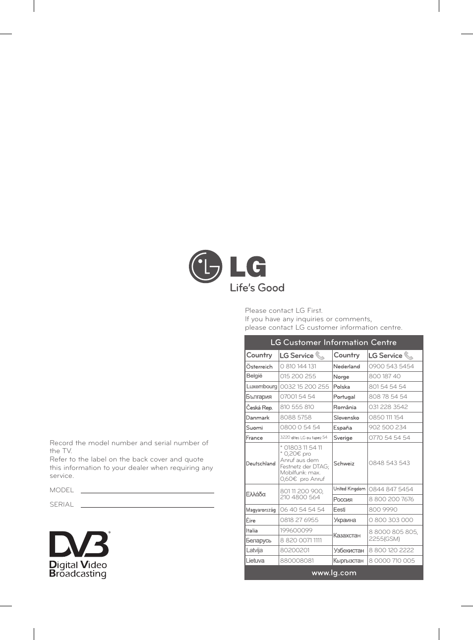 Customer information centre | LG 55LA965V User Manual | Page 327 / 327