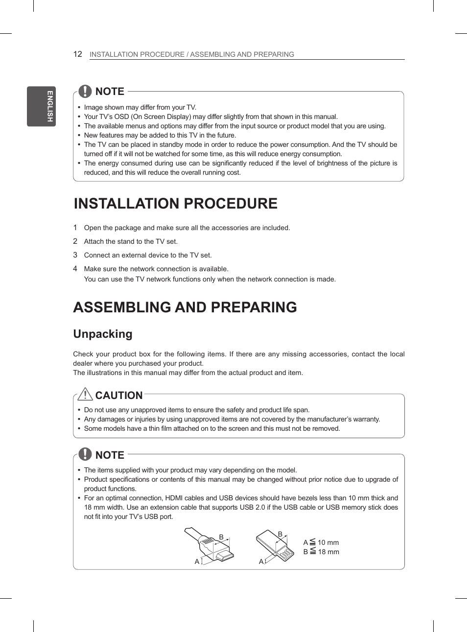 Installation procedure, Assembling and preparing, Unpacking | Caution | LG 55LA965V User Manual | Page 55 / 327