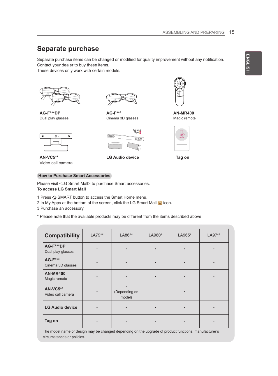 Separate purchase, Compatibility | LG 55LA965V User Manual | Page 58 / 327