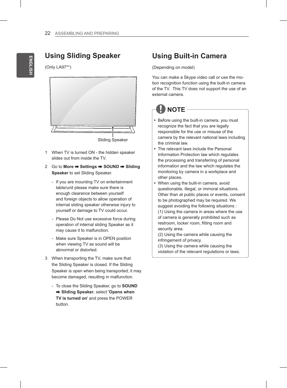 Using sliding speaker, Using built-in camera | LG 55LA965V User Manual | Page 65 / 327