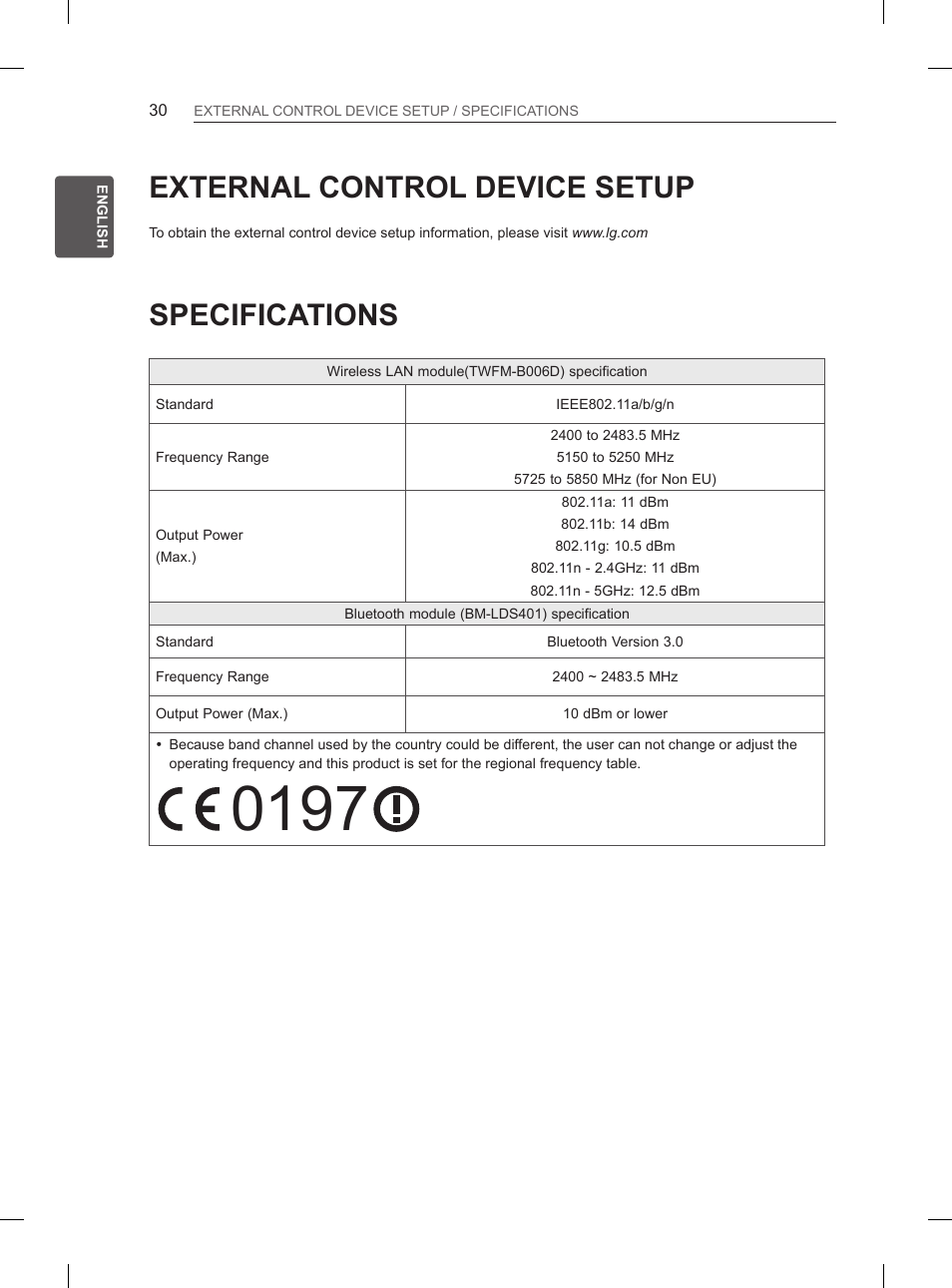 Specifications, External control device setup | LG 55LA965V User Manual | Page 73 / 327