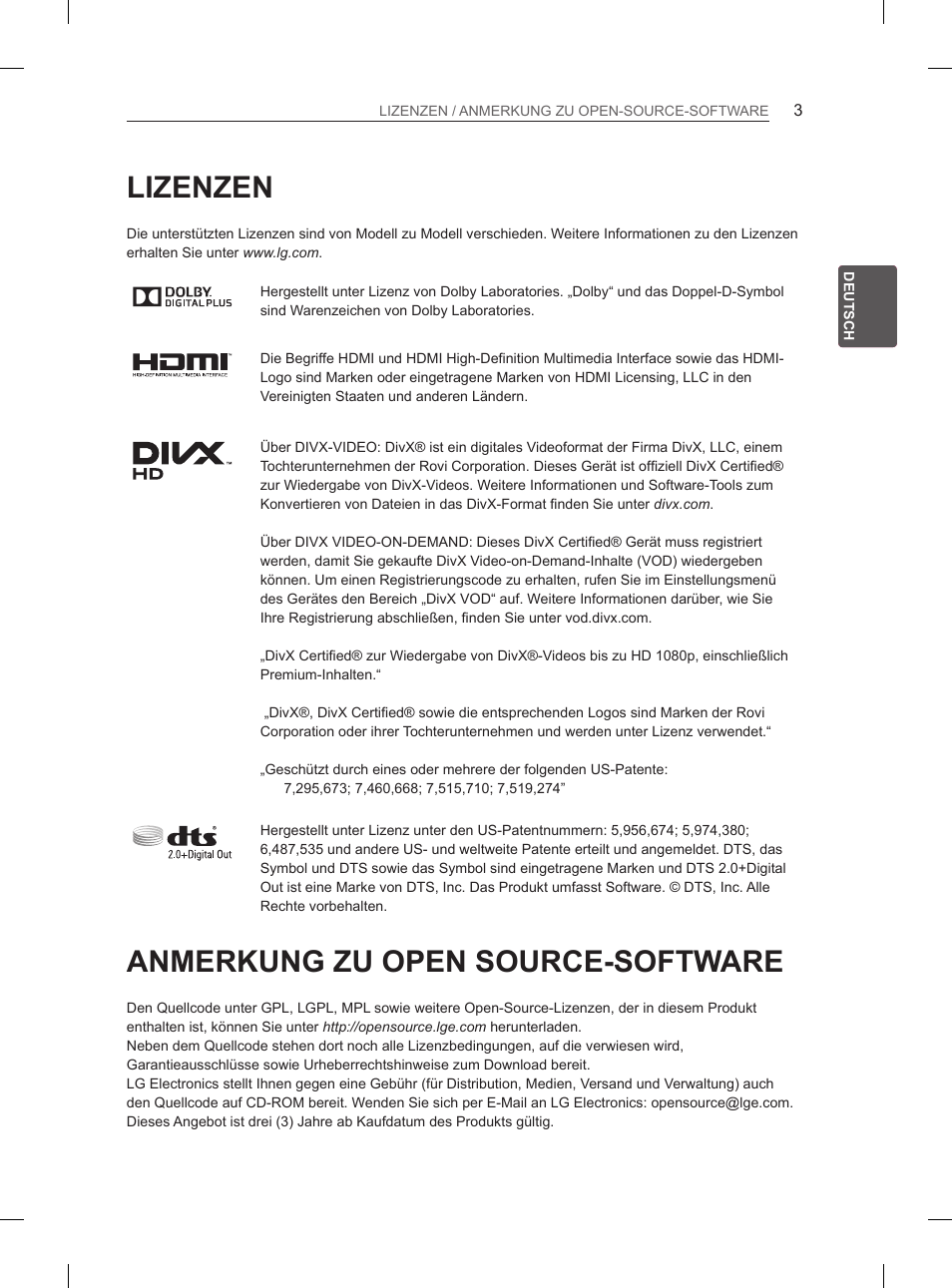 Lizenzen, Anmerkung zu open source-software | LG 55LA965V User Manual | Page 76 / 327