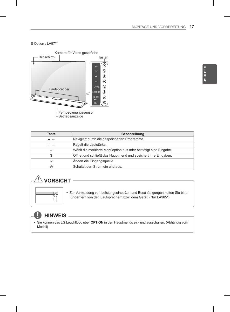 Hinweis, Vorsicht | LG 55LA965V User Manual | Page 90 / 327
