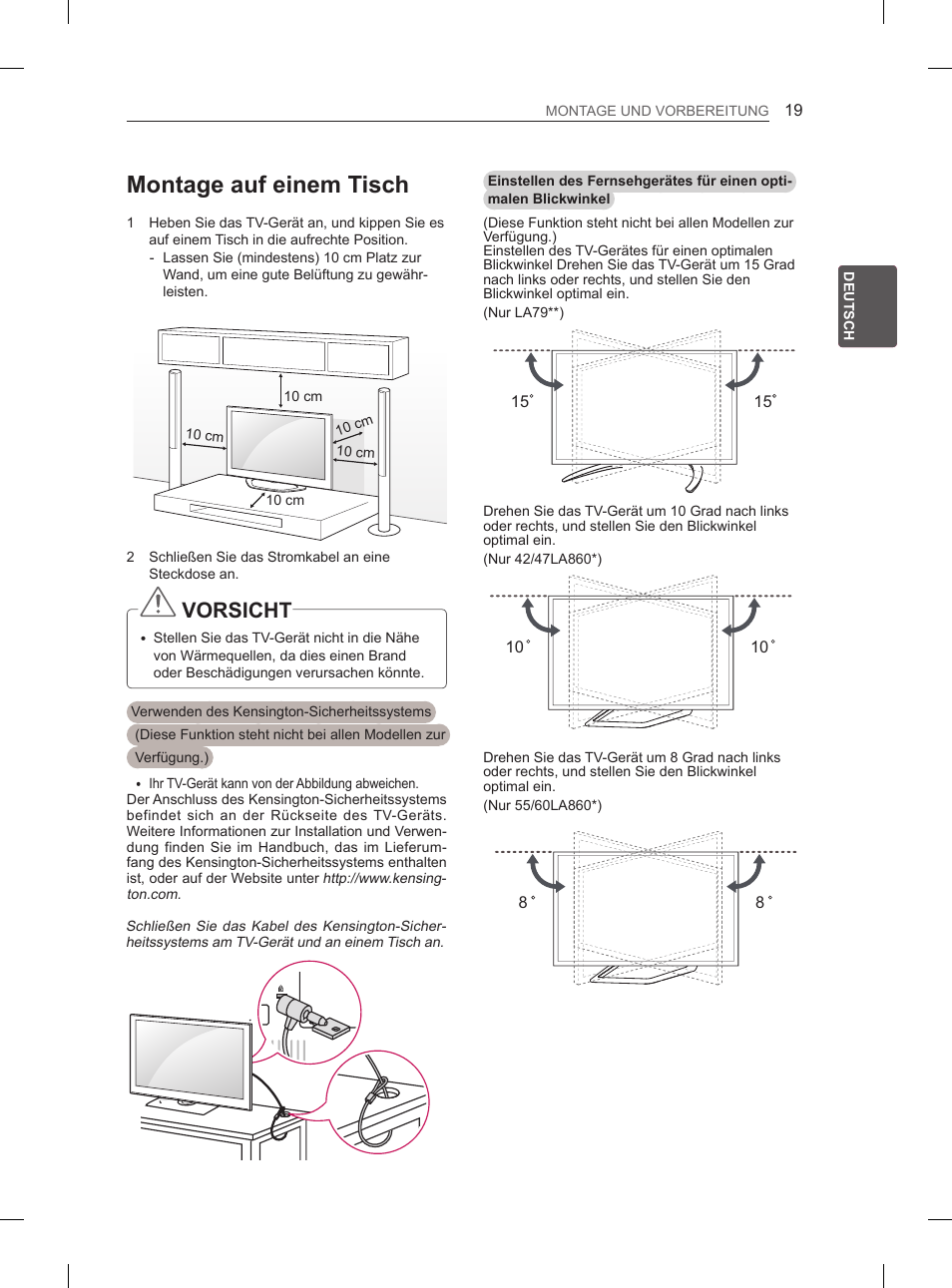 Montage auf einem tisch, Vorsicht | LG 55LA965V User Manual | Page 92 / 327