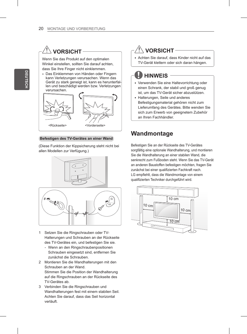 Wandmontage, Vorsicht, Hinweis | LG 55LA965V User Manual | Page 93 / 327