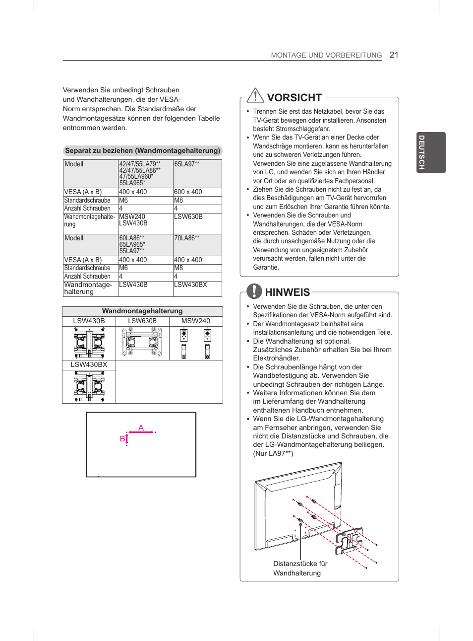 Vorsicht, Hinweis | LG 55LA965V User Manual | Page 94 / 327