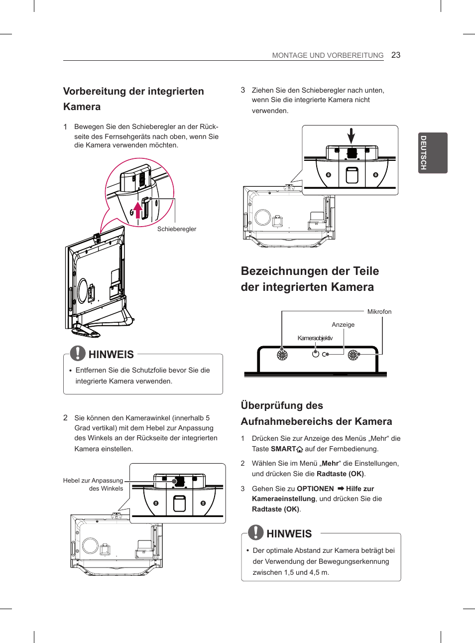 Bezeichnungen der teile der integrierten kamera, Hinweis, Vorbereitung der integrierten kamera | Überprüfung des aufnahmebereichs der kamera | LG 55LA965V User Manual | Page 96 / 327