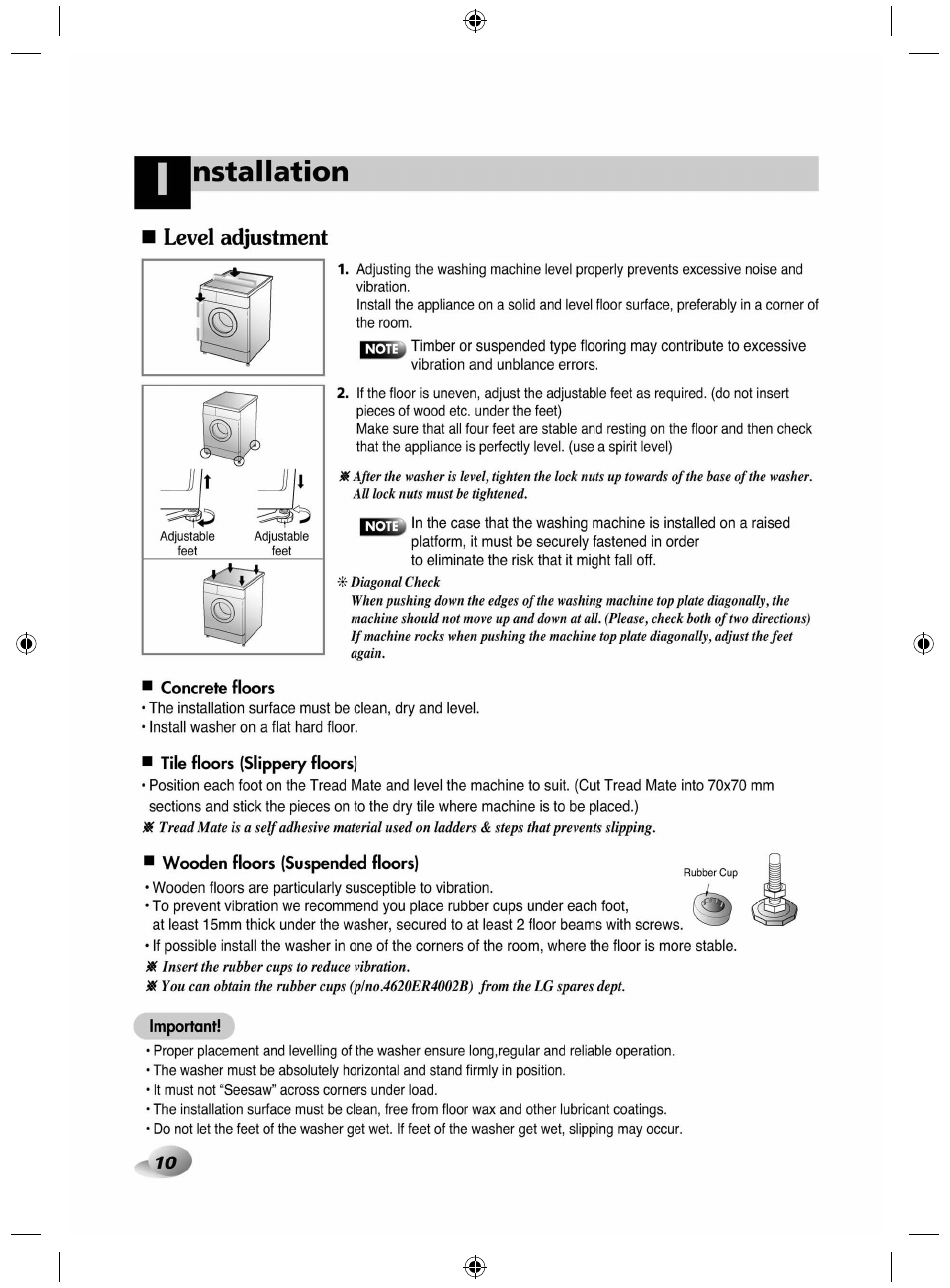 Level adjustment, Nstallation | LG F84882WH User Manual | Page 10 / 32