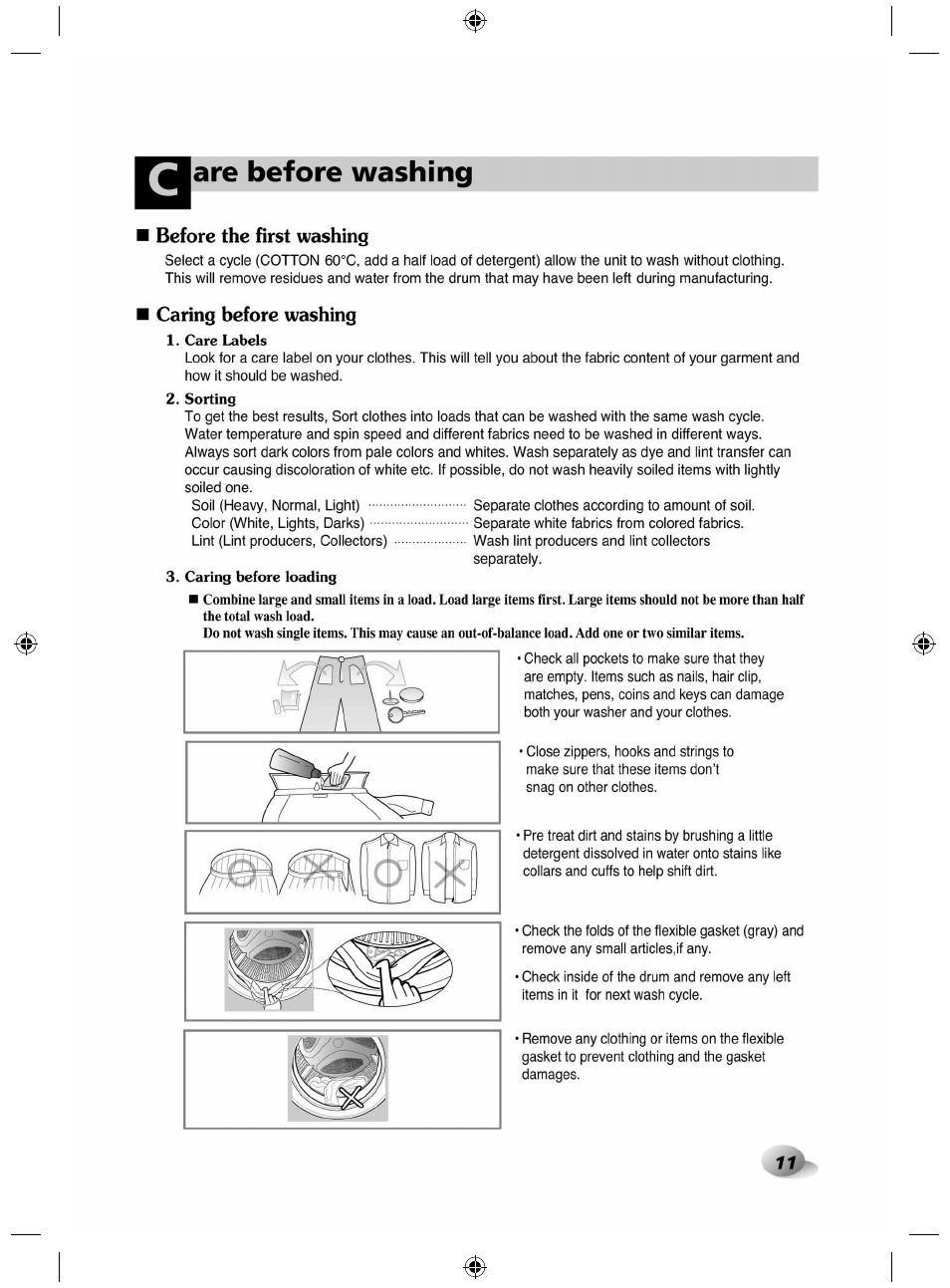 Before the first washing, Caring before washing, Are before washing | LG F84882WH User Manual | Page 11 / 32