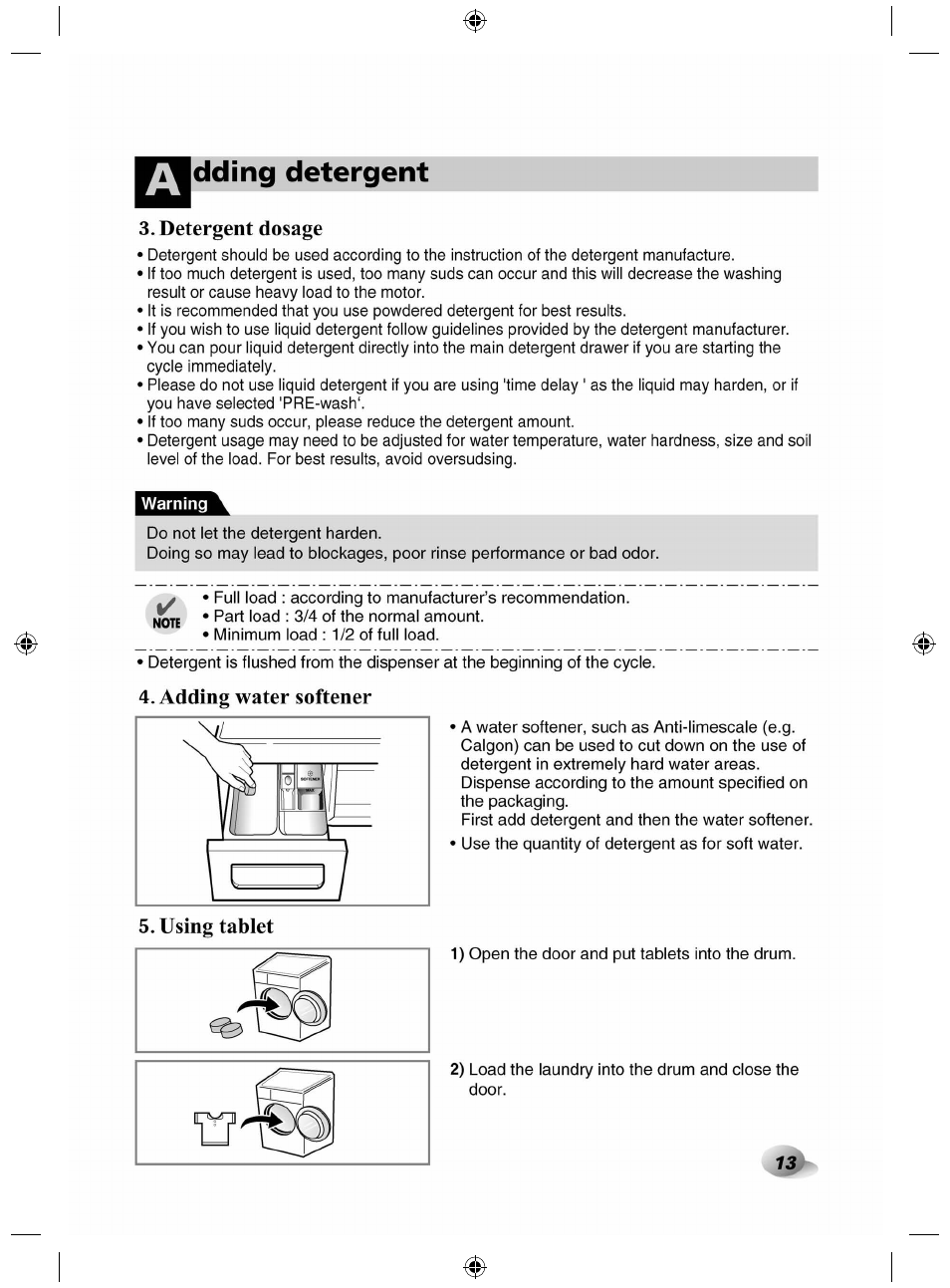 Lidding detergent, Detergent dosage, Adding water softener | LG F84882WH User Manual | Page 13 / 32