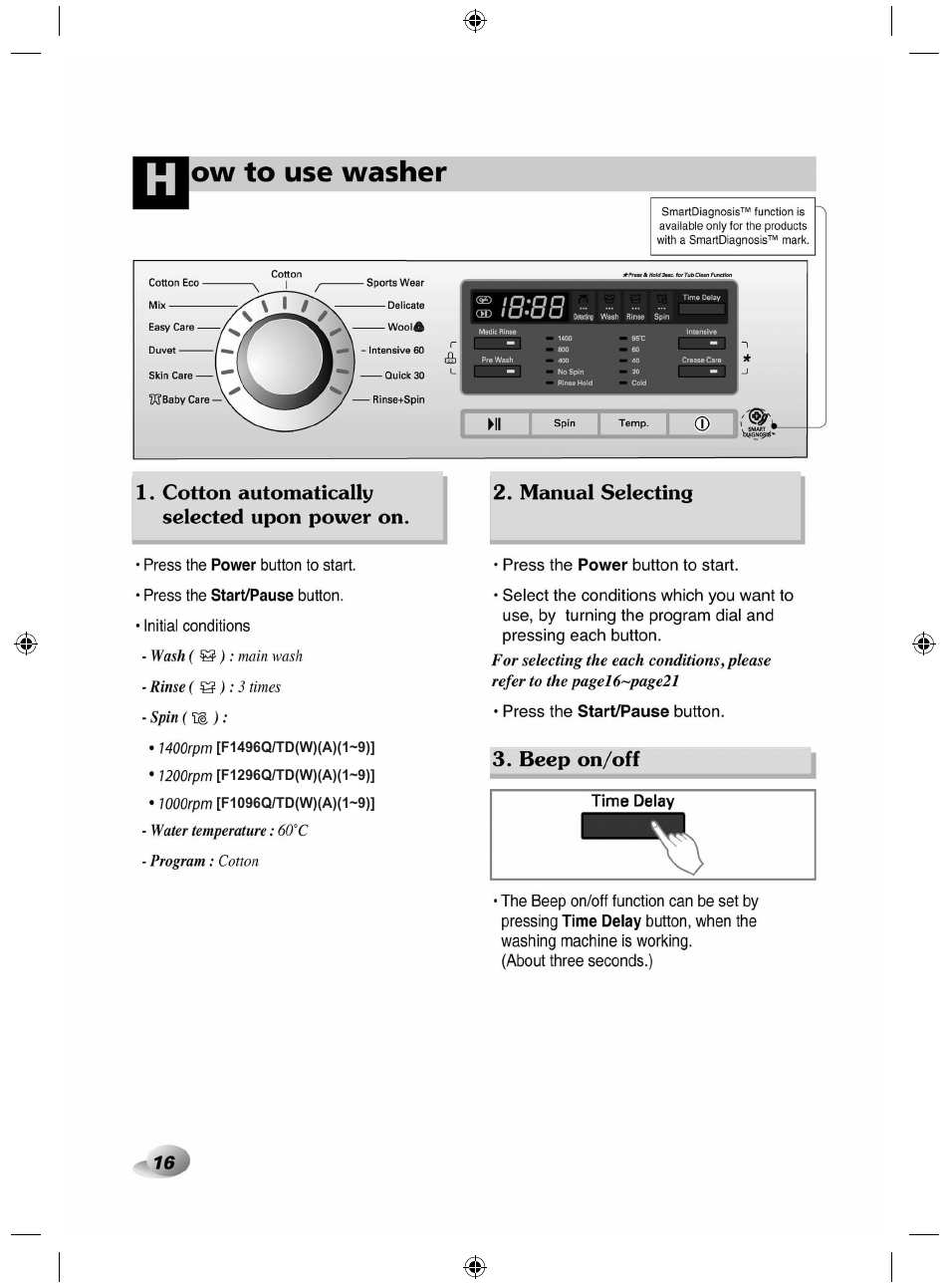Cotton automatically selected upon power on, Beep on/off, Ow to use washer | LG F84882WH User Manual | Page 16 / 32