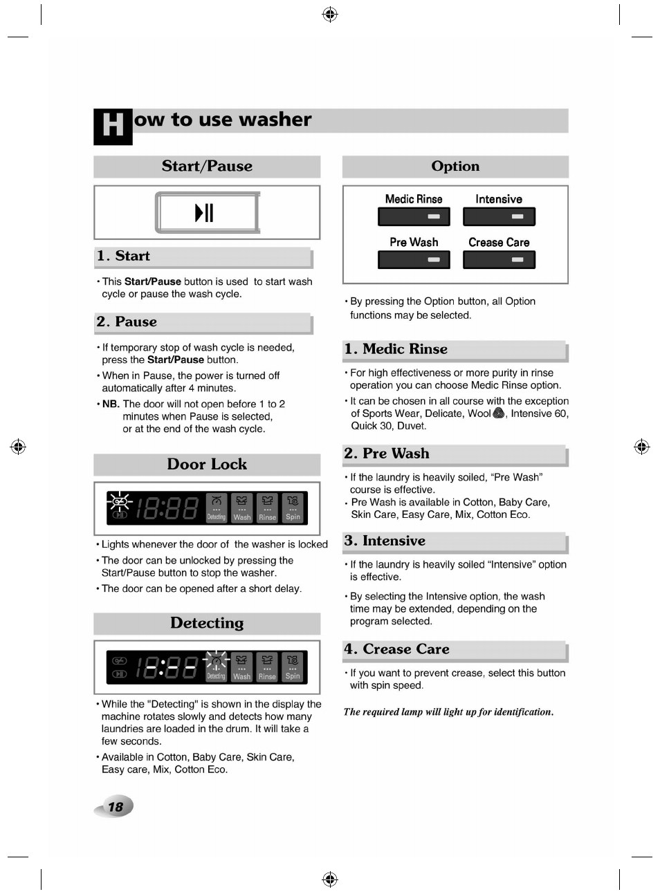 Start/pause, Start, Pause | Door lock, Detecting, Medic rinse, Pre wash, Intensive, Crease care, Ow to use washer | LG F84882WH User Manual | Page 18 / 32