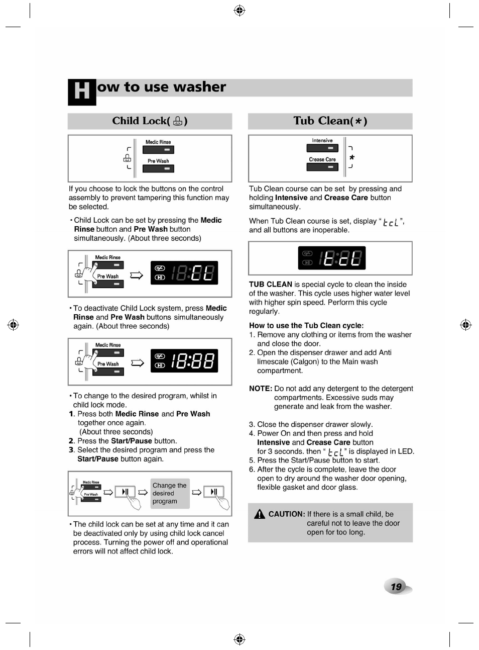 Child lock( [sj ), Ip^ri <0‘t_ c, Tub clean( * ) | Ow to use washer, I p ^ r i | LG F84882WH User Manual | Page 19 / 32