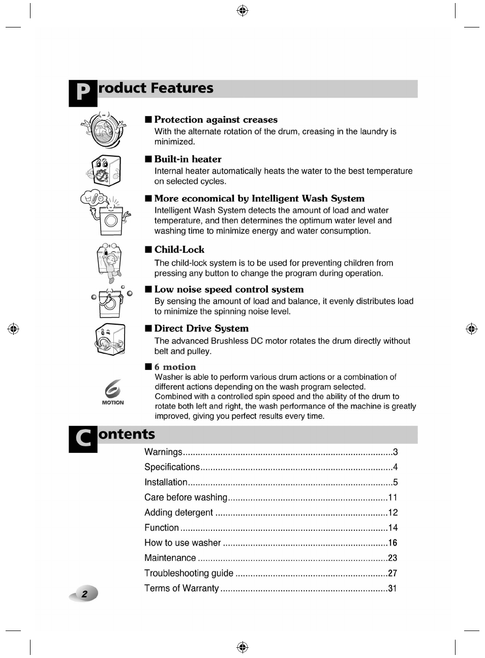 I protection against creases, I built-in heater, I child-lock | I 6 motion, Ontents, Product features | LG F84882WH User Manual | Page 2 / 32