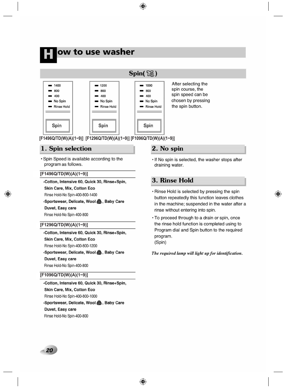 Spin( ■[§.), Spin selection 2. no spin, Rinse hold | Ow to use washer | LG F84882WH User Manual | Page 20 / 32