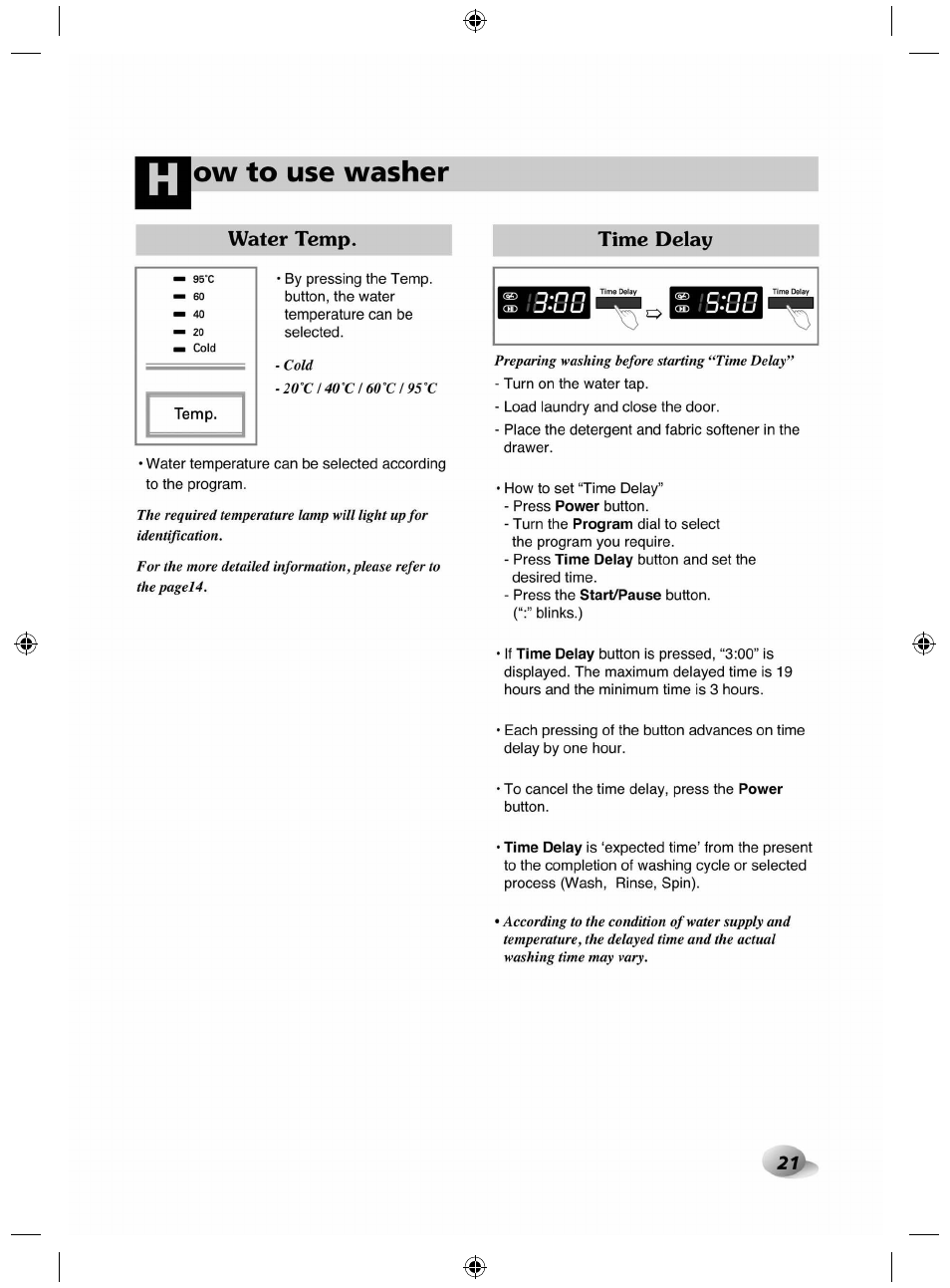 Water temp, Ow to use washer, C - n n | LG F84882WH User Manual | Page 21 / 32