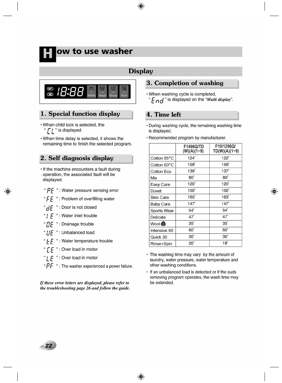 Display, Special function display, Self diagnosis display | Completion of washing, Time left, Ow to use washer, Display 1. special function display, Pe fe ‘de, Te ‘ee ‘le pe | LG F84882WH User Manual | Page 22 / 32