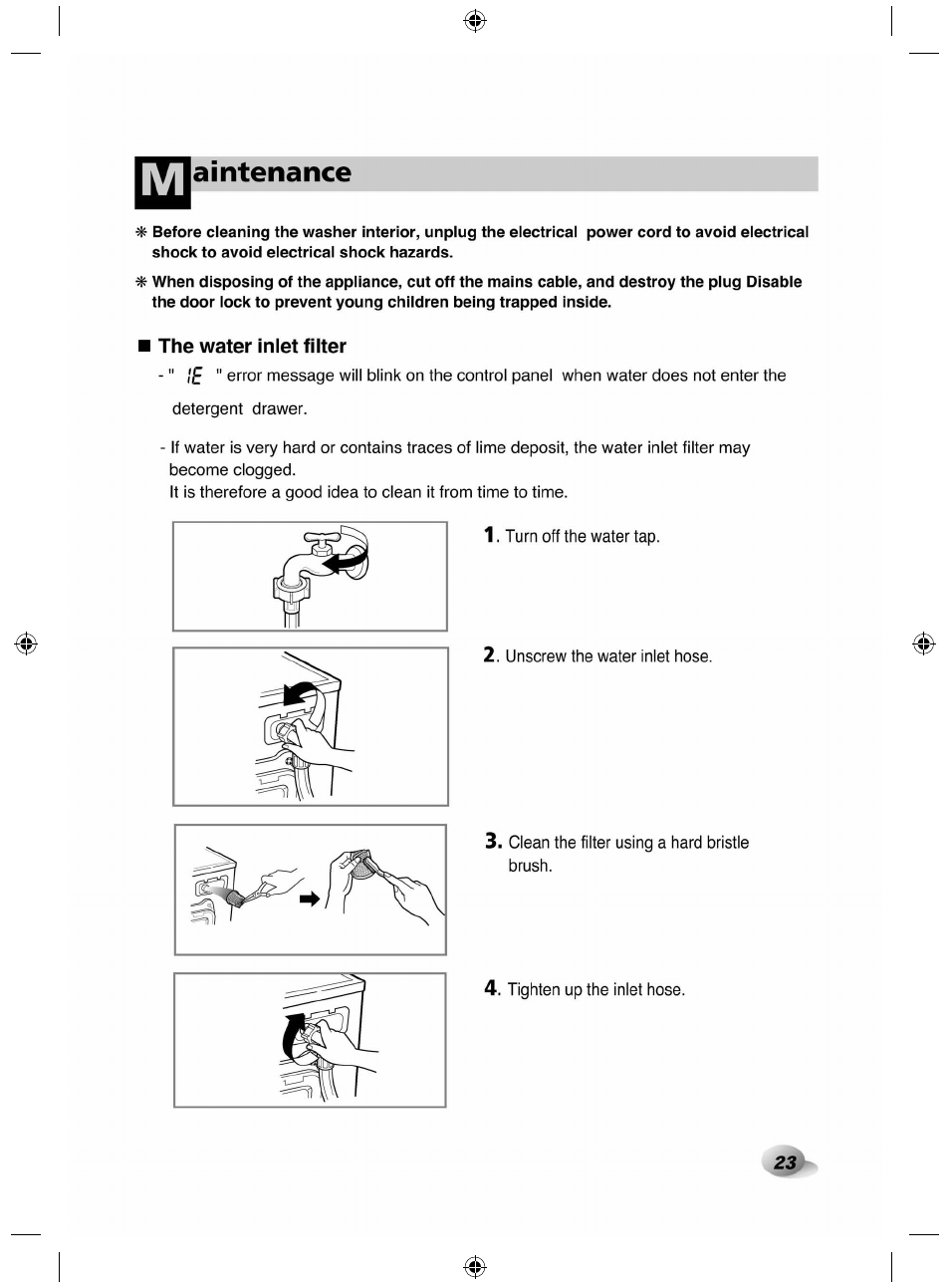 The water inlet filter, Aintenance | LG F84882WH User Manual | Page 23 / 32