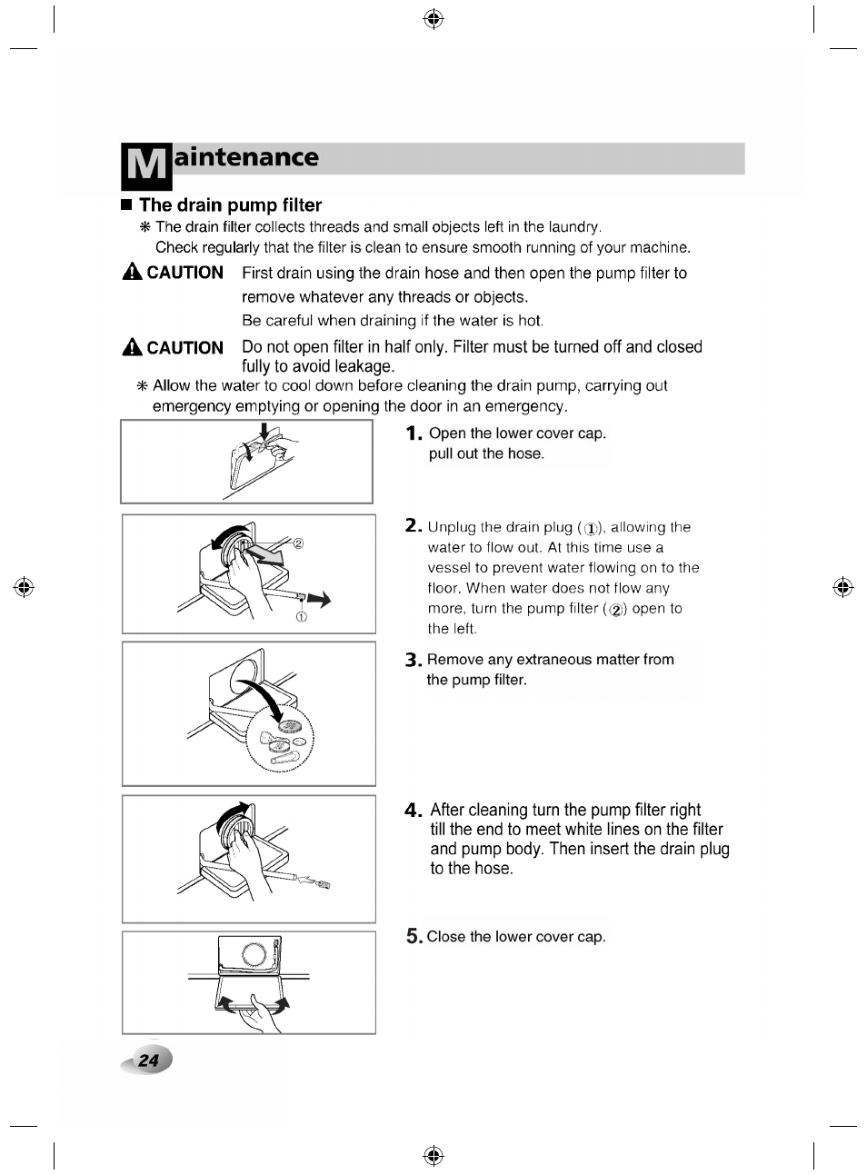 The drain pump filter, A caution, Aintenance | LG F84882WH User Manual | Page 24 / 32