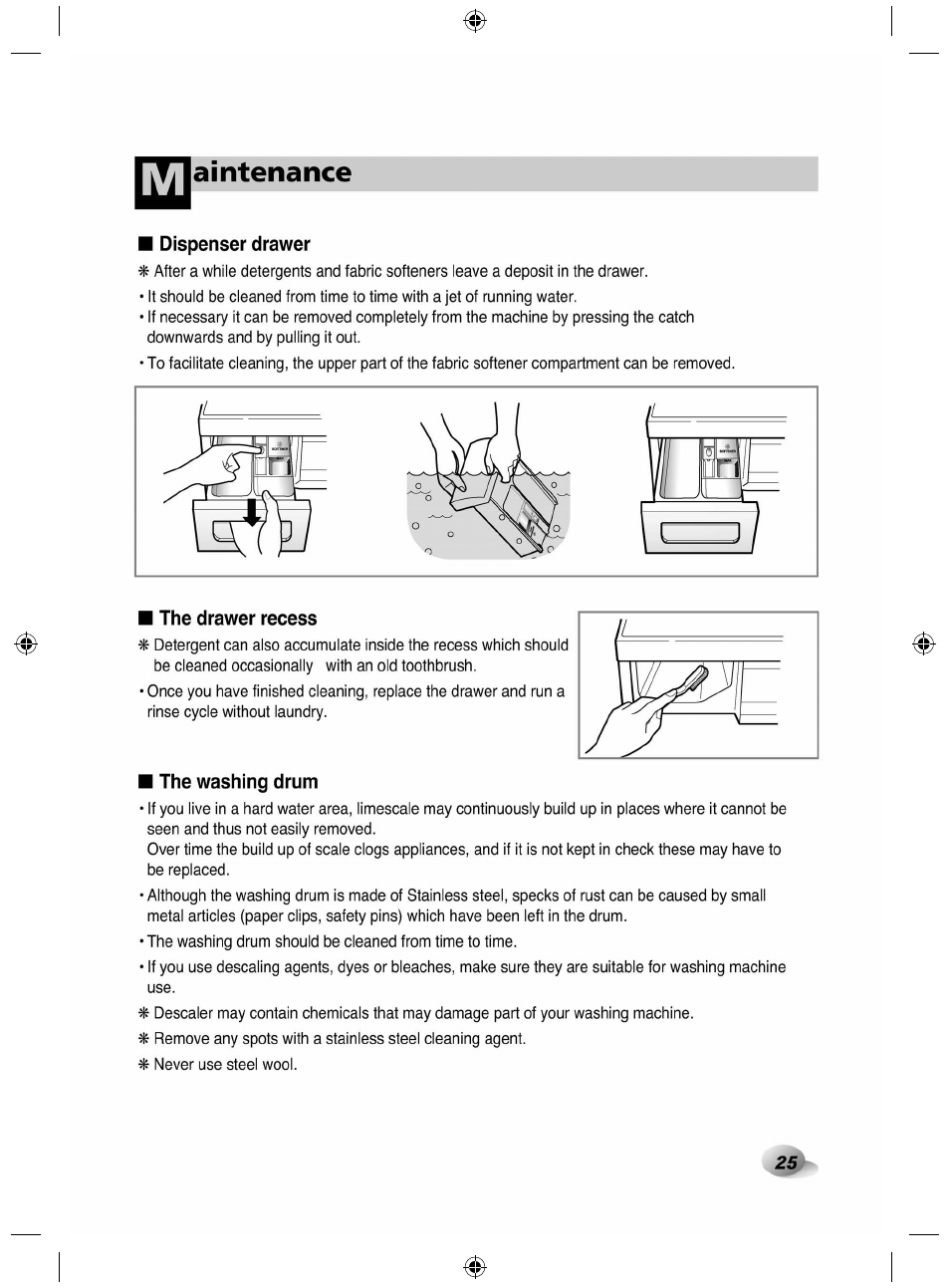 Dispenser drawer, The drawer recess, The washing drum | Aintenance | LG F84882WH User Manual | Page 25 / 32