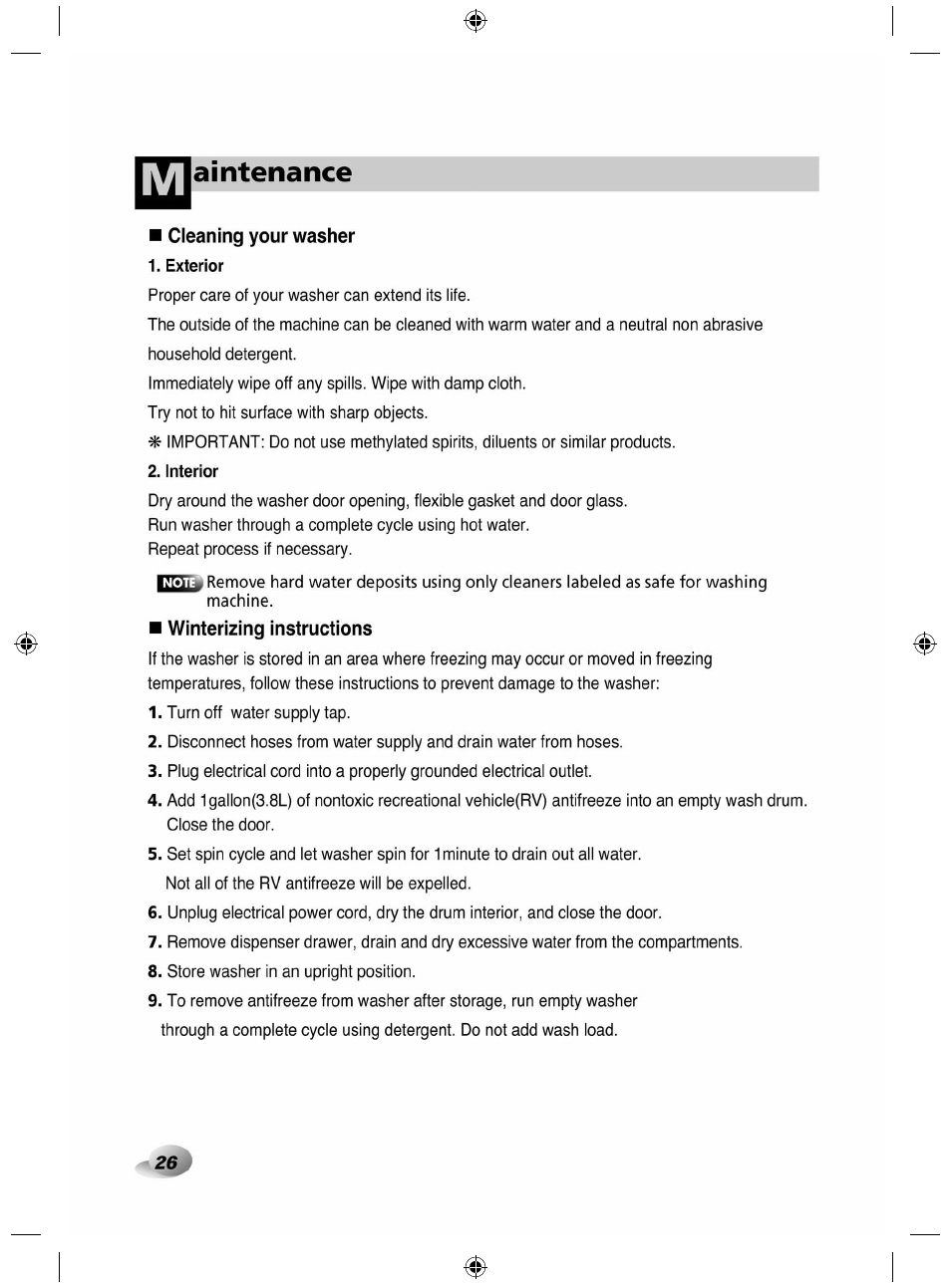 Cleaning your washer, Exterior, Interior | Winterizing instructions, Aintenance | LG F84882WH User Manual | Page 26 / 32