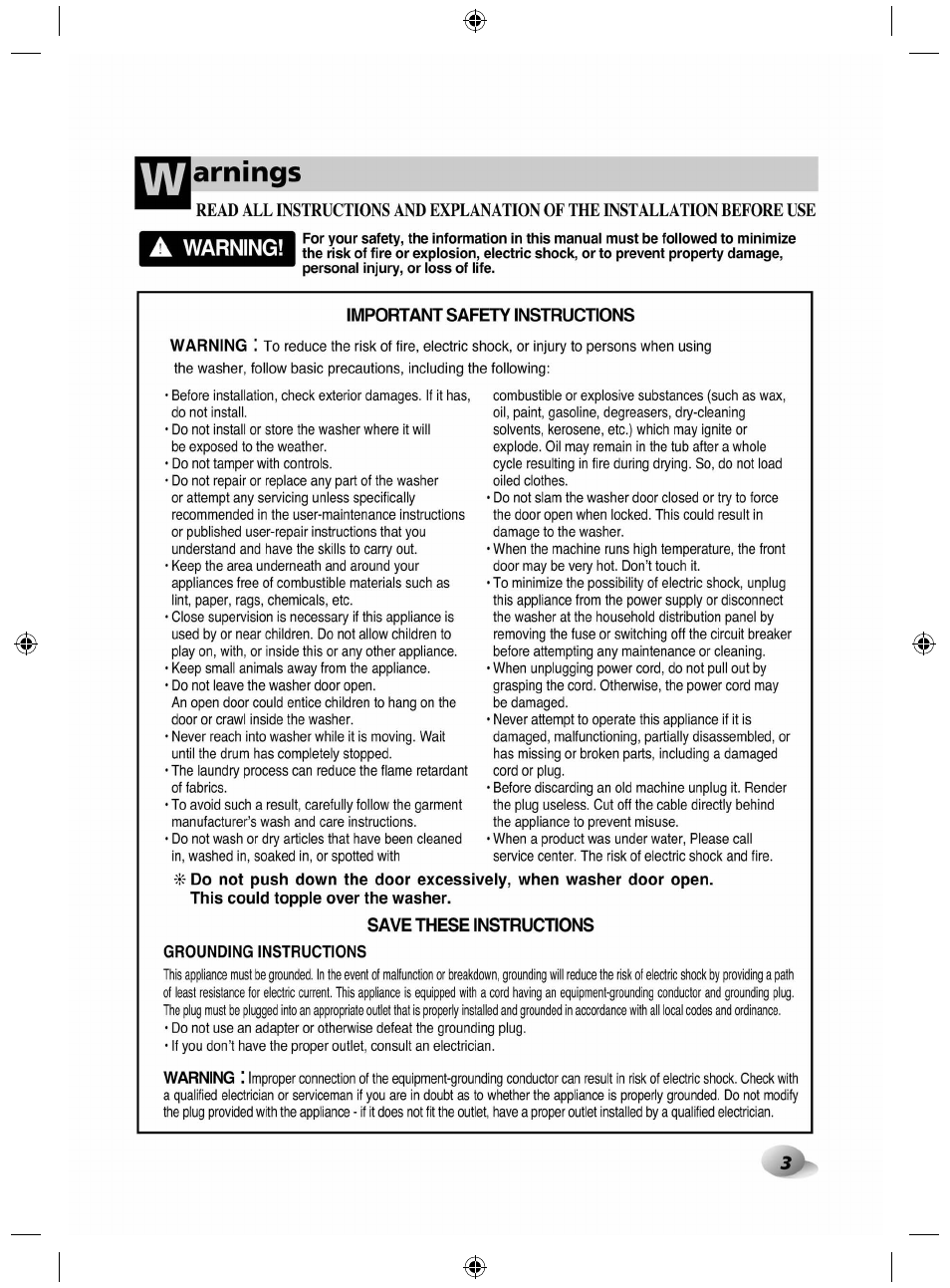 A warning, Important safety instructions, Save these instructions | Grounding instructions, Arnings, Warning | LG F84882WH User Manual | Page 3 / 32