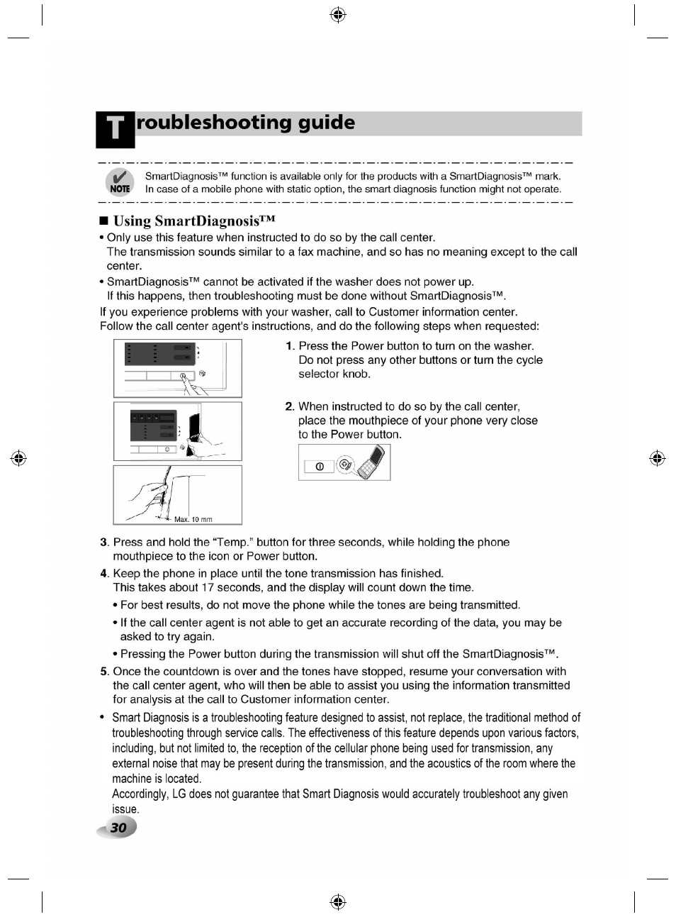 Using smartdiagnosis, Roubleshooting guide, 30 j | LG F84882WH User Manual | Page 30 / 32