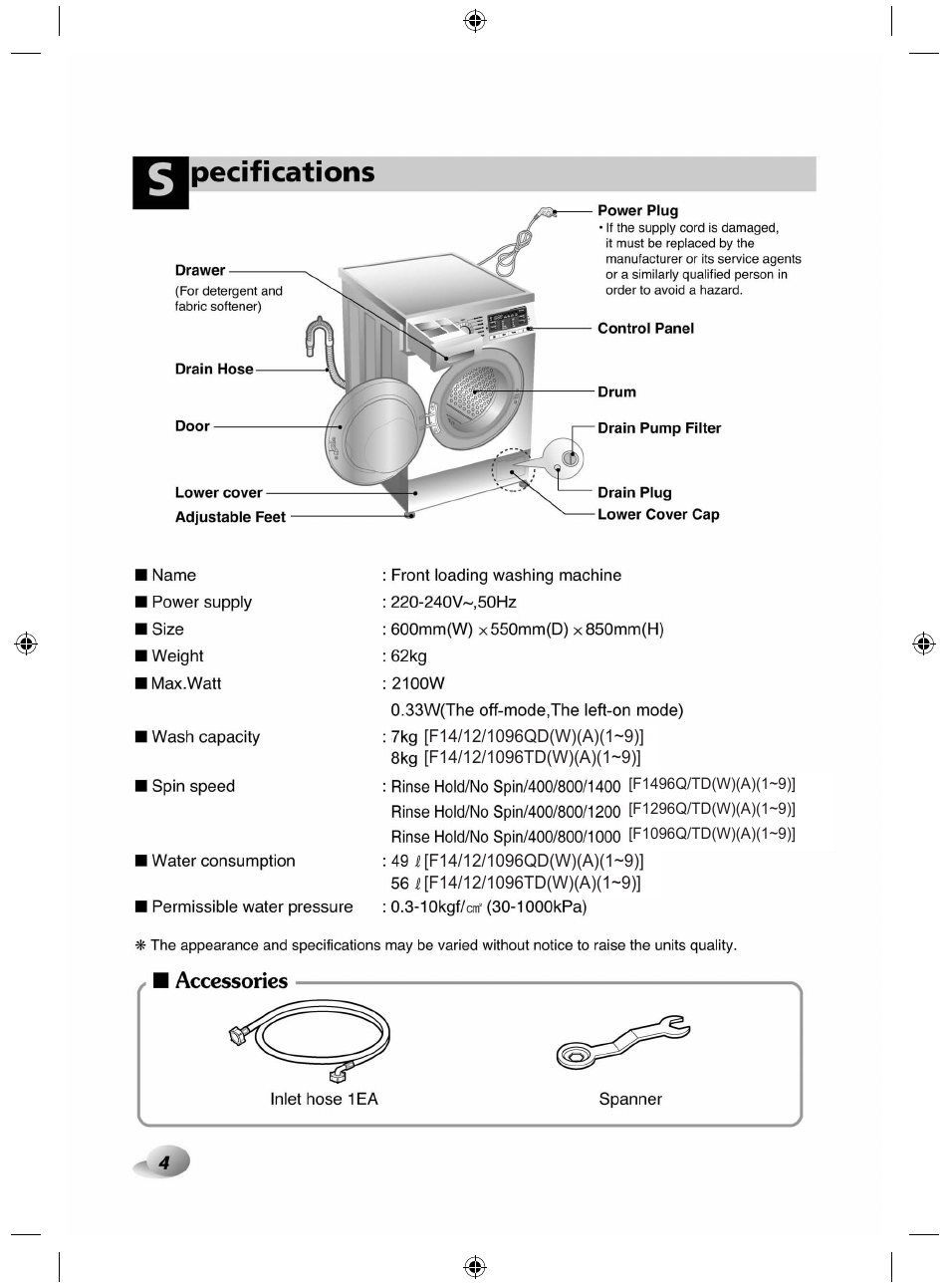 Pecifications | LG F84882WH User Manual | Page 4 / 32