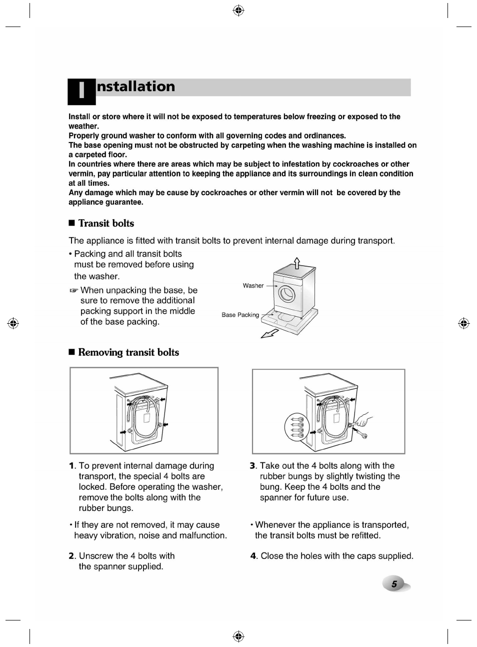 Transit bolts, Removing transit bolts, Nstallation | LG F84882WH User Manual | Page 5 / 32