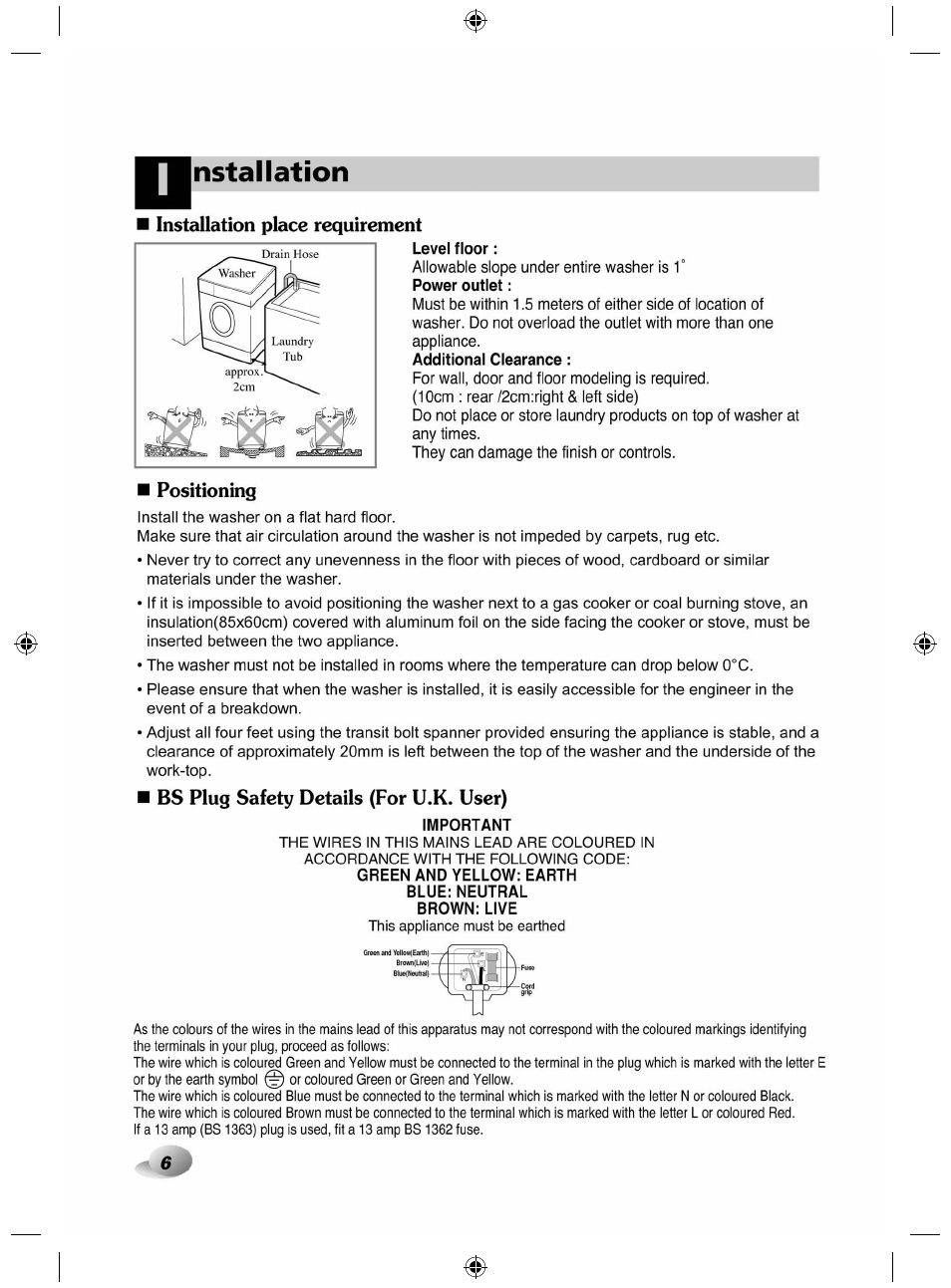 Installation place requirement, Positioning, Bs plug safety details (for u.k. user) | Important, Nstallation | LG F84882WH User Manual | Page 6 / 32