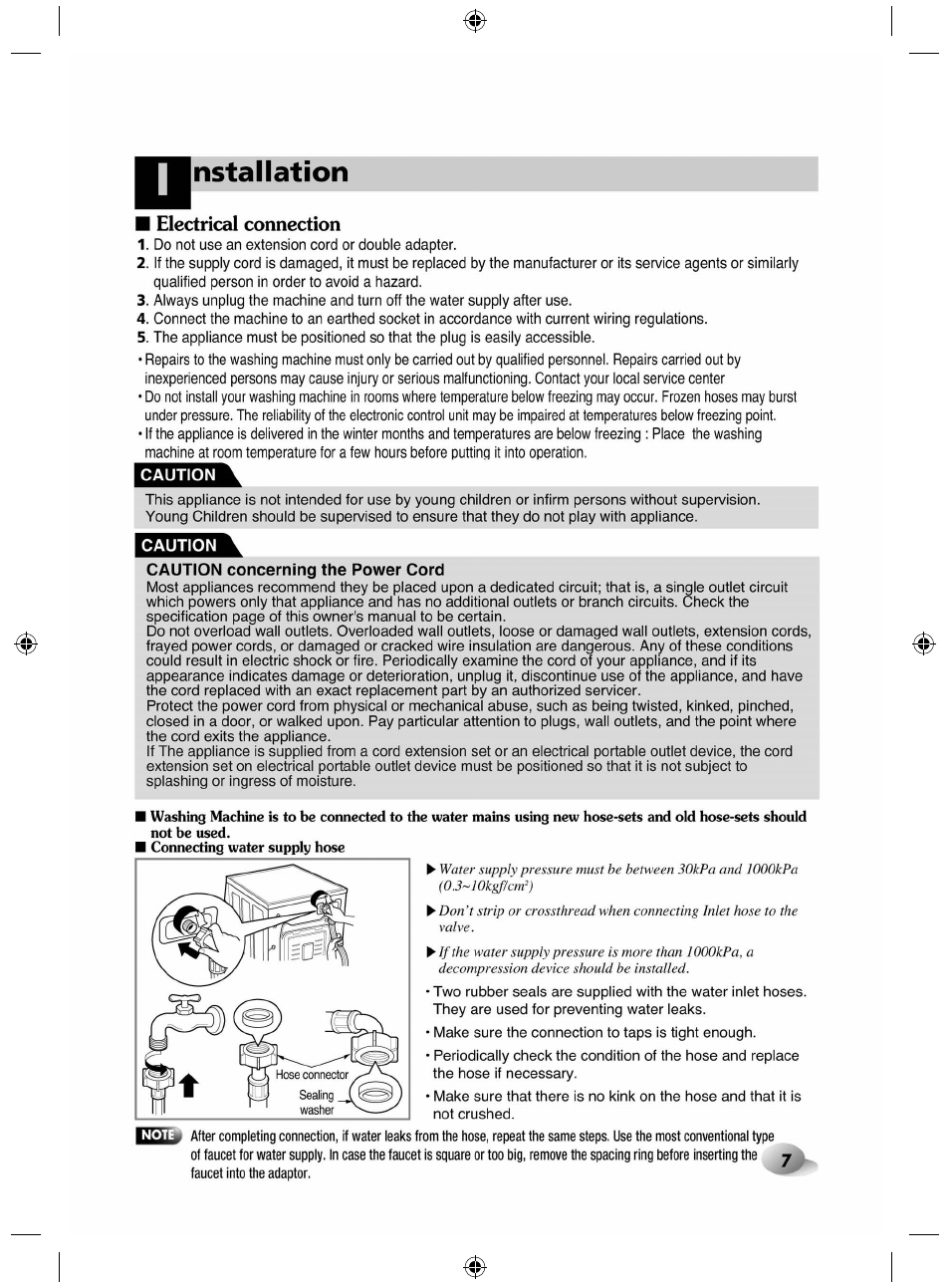 Electrical connection, Caution concerning the power cord, Nrmam | Nstallation | LG F84882WH User Manual | Page 7 / 32