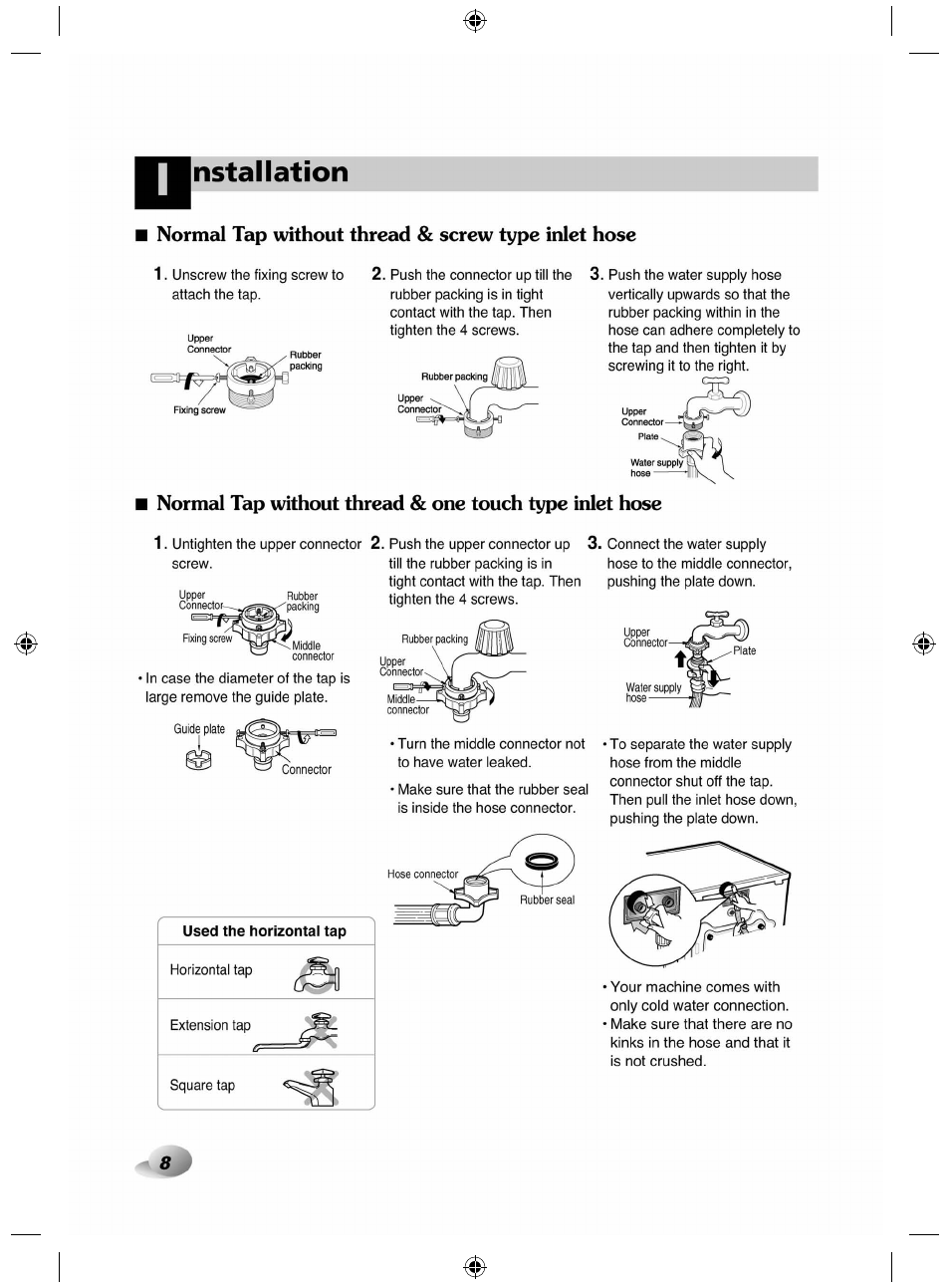 Normal tap without thread & screw type inlet hose, Nstallation | LG F84882WH User Manual | Page 8 / 32