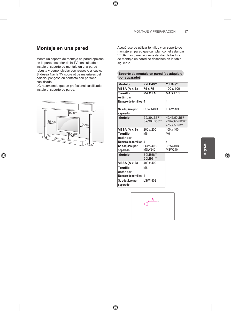 Montaje en una pared | LG 32LB5820 User Manual | Page 140 / 239