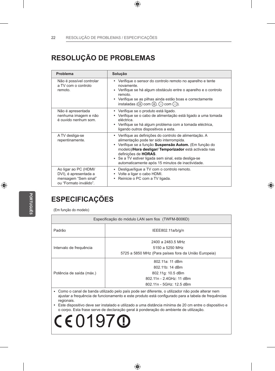 Resolução de problemas, Especificações | LG 32LB5820 User Manual | Page 167 / 239