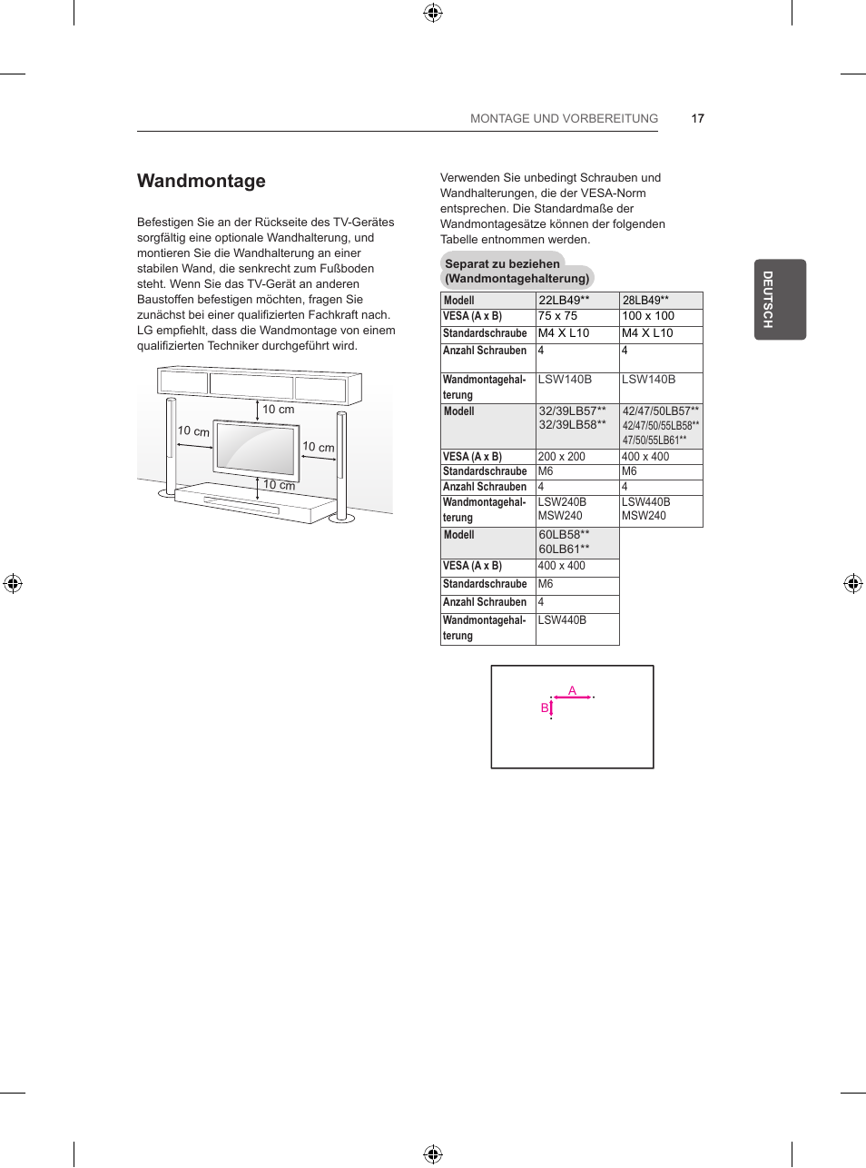 Wandmontage | LG 32LB5820 User Manual | Page 66 / 239