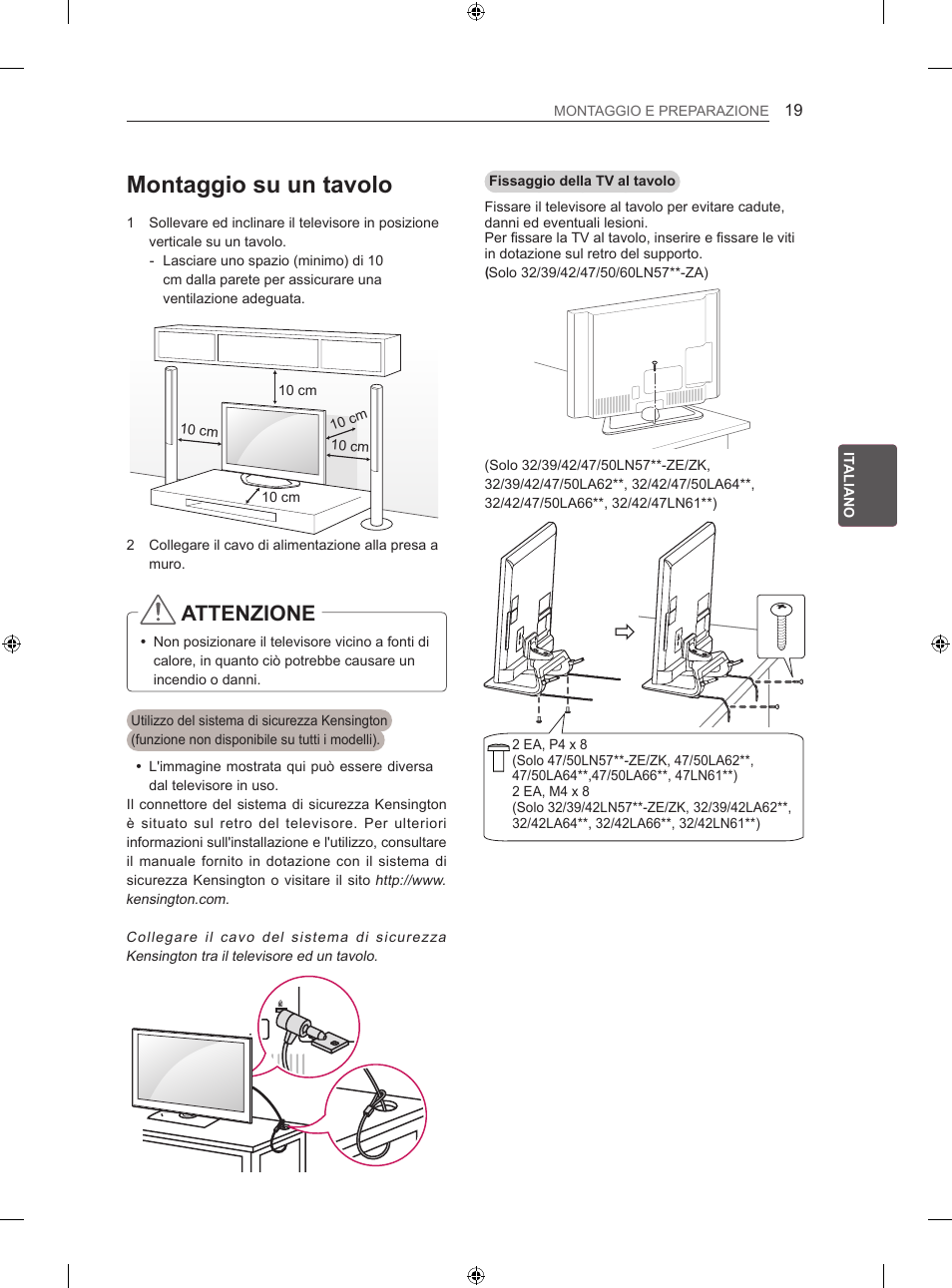 Montaggio su un tavolo, Attenzione | LG 47LA667S User Manual | Page 147 / 332