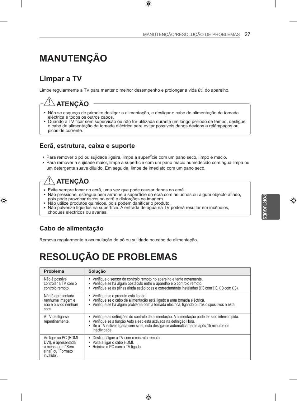 Manutenção, Resolução de problemas, Limpar a tv | Atenção, Ecrã, estrutura, caixa e suporte, Cabo de alimentação | LG 47LA667S User Manual | Page 225 / 332