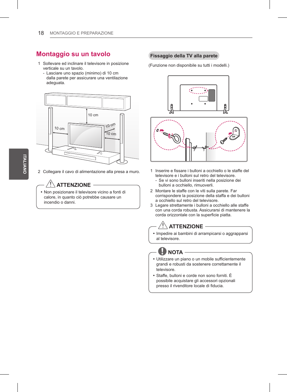 Montaggio su un tavolo, Attenzione, Nota | LG 32LB561B User Manual | Page 121 / 291