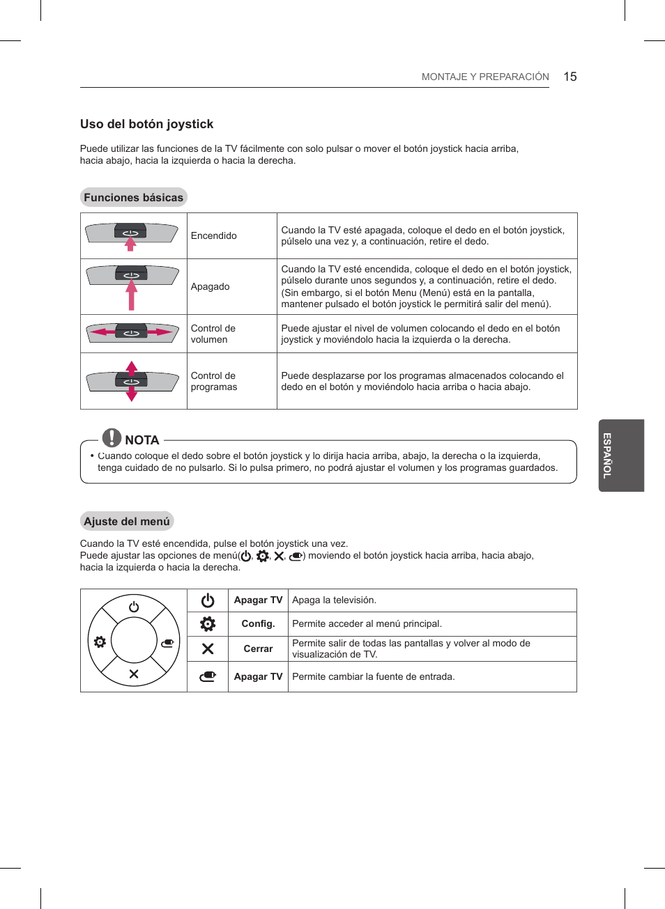 Uso del botón joystick, Nota | LG 32LB561B User Manual | Page 156 / 291